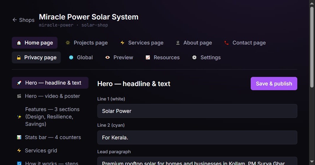 RTX CMS section editor editing the live Miracle Power hero, with page tabs and a section sidebar