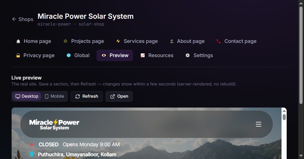 RTX CMS live preview panel rendering the real client website inside the editor